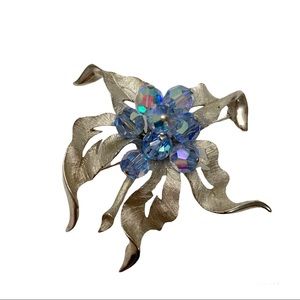 PARCO vintage silver flower brooch with blue aurora Borealis beads